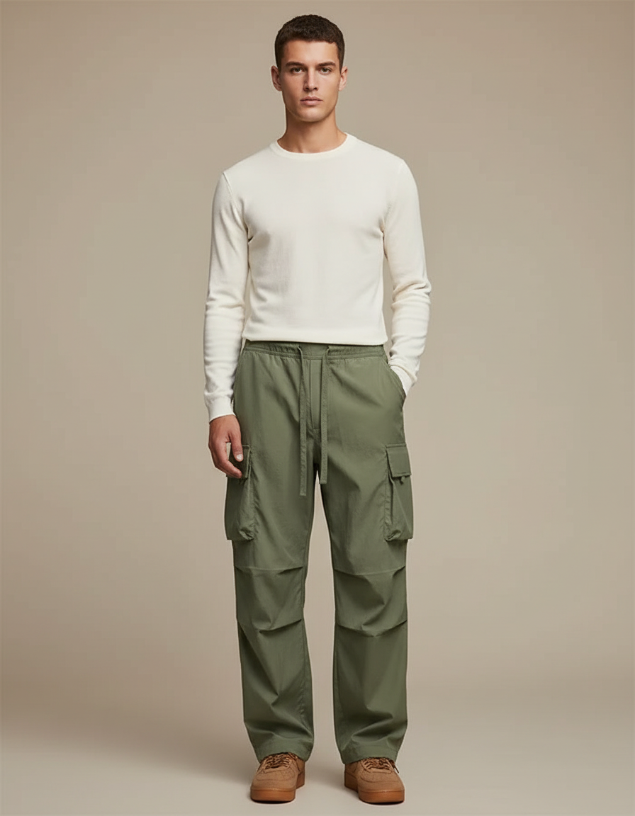 Pantalon Parachute Vert Ample Décontracté Homme Cargo - Kaki Polyester