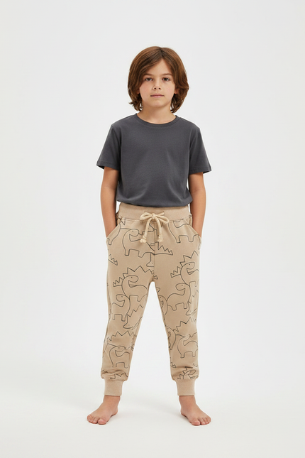 Pantalon Parachute Beige Dinosaure Ample Cordon Enfant - Molleton