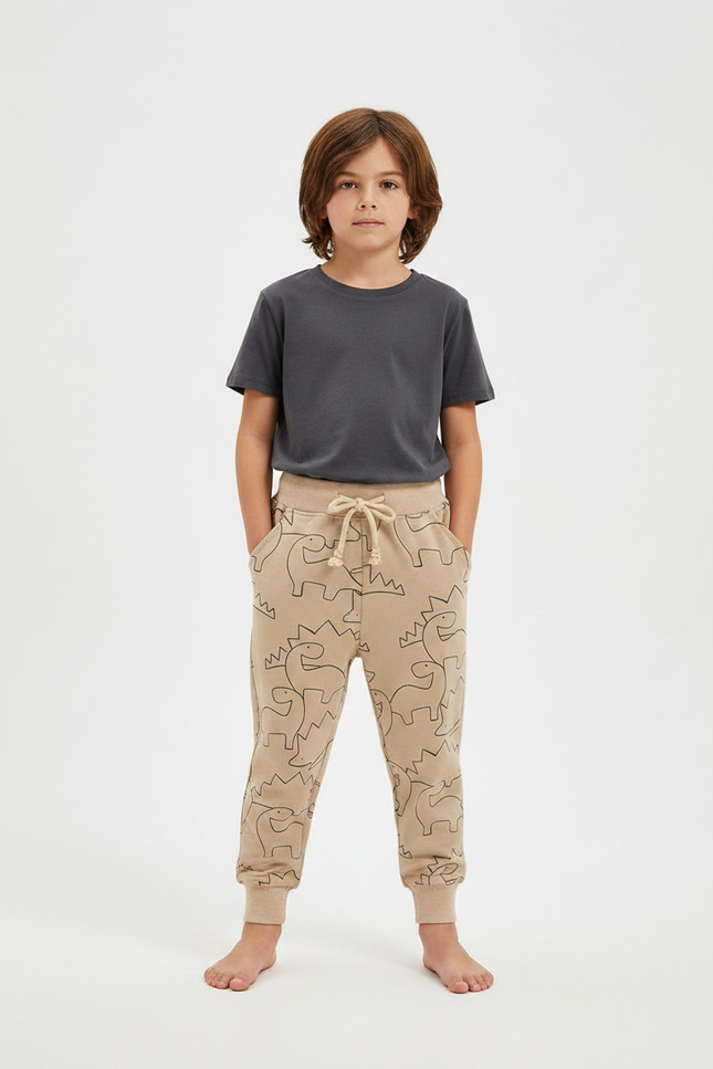 Pantalon Parachute Beige Dinosaure Ample Cordon Enfant - Molleton