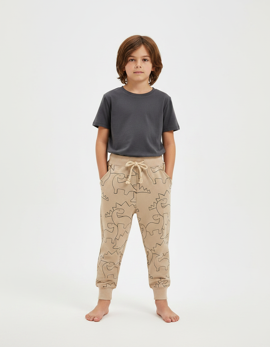 Pantalon Parachute Beige Dinosaure Ample Cordon Enfant - Molleton