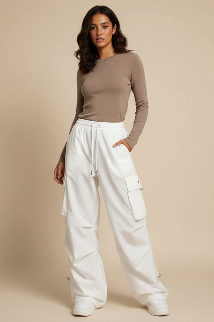 Pantalon Parachute Blanc Cargo Ample Femme Streetwear - Polyester