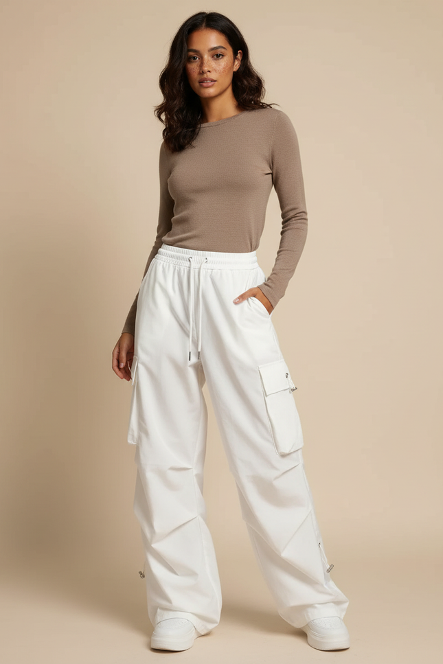 Pantalon Parachute Blanc Cargo Ample Femme Streetwear - Polyester