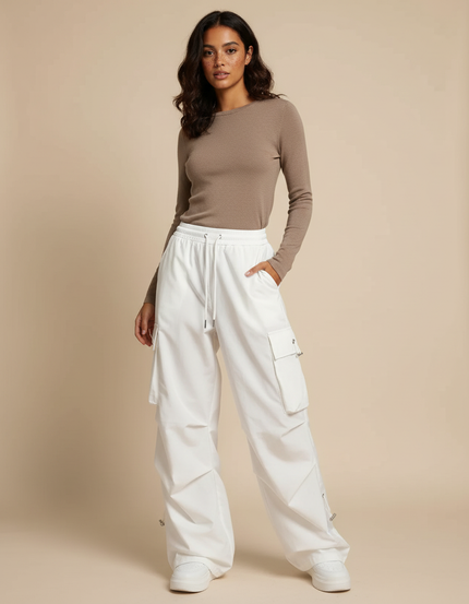 Pantalon Parachute Blanc Cargo Ample Femme Streetwear - Polyester