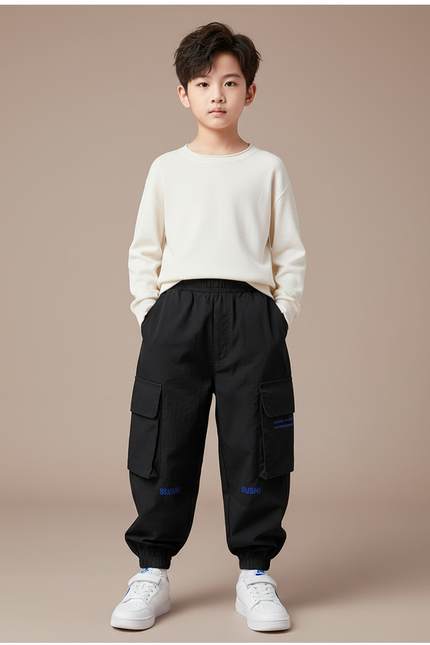 Pantalon Parachute Noir Cargo Ample Enfants Urbain - Polyester