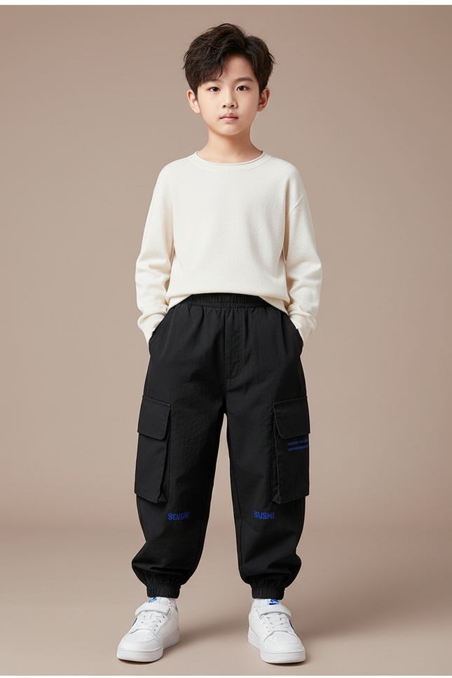 Pantalon Parachute Noir Cargo Ample Enfants Urbain - Polyester