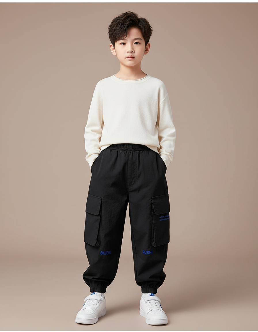 Pantalon Parachute Noir Cargo Ample Enfants Urbain - Polyester