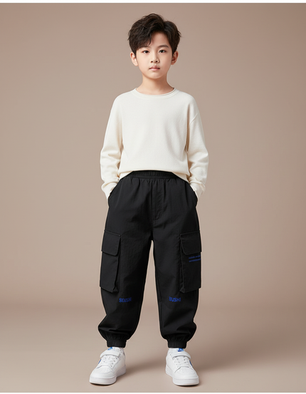 Pantalon Parachute Noir Cargo Ample Enfants Urbain - Polyester