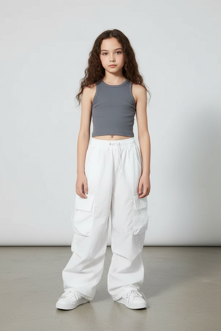 Pantalon Parachute Blanc Ample Cargo Décontracté Enfant - Polyester