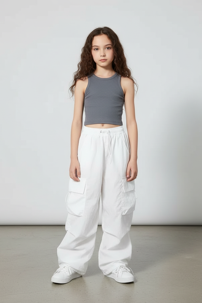 Pantalon Parachute Blanc Ample Cargo Décontracté Enfant - Polyester