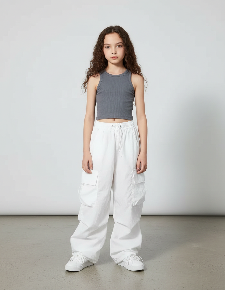 Pantalon Parachute Blanc Ample Cargo Décontracté Enfant - Polyester