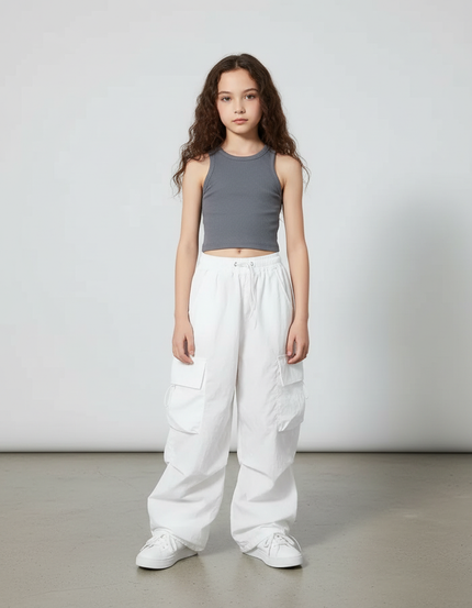 Pantalon Parachute Blanc Ample Cargo Décontracté Enfant - Polyester