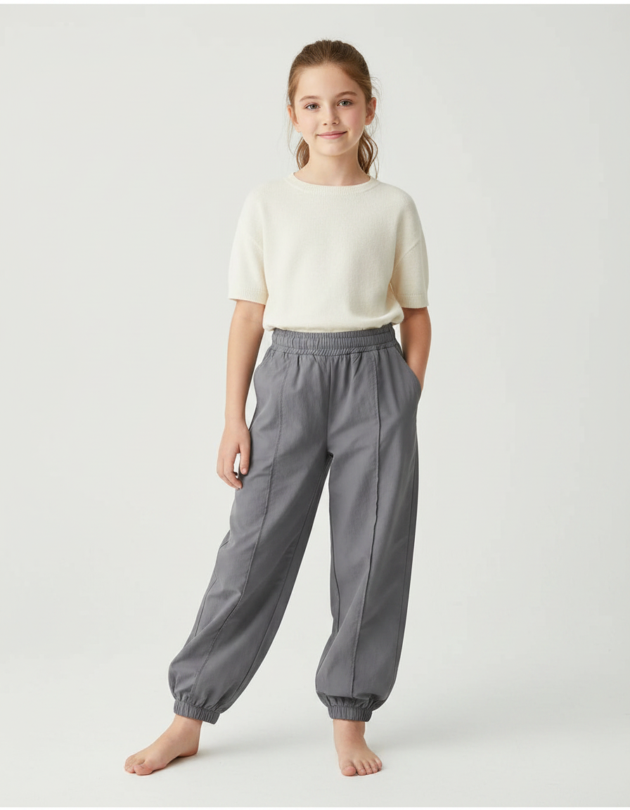 Pantalon Parachute Gris Ample Fille Décontracté Coton