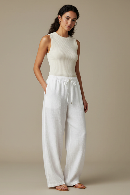 Pantalon Parachute Blanc Lin Ample Fluide Élégant