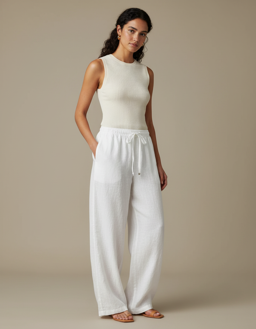 Pantalon Parachute Blanc Lin Ample Fluide Élégant