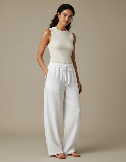 Pantalon Parachute Blanc Lin Ample Fluide Élégant
