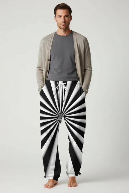 Pantalon Parachute Rayé Noir Blanc Ample Cordon Homme - Imprimé Polyester