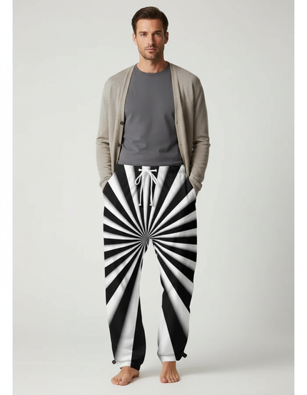 Pantalon Parachute Rayé Noir Blanc Ample Cordon Homme - Imprimé Polyester