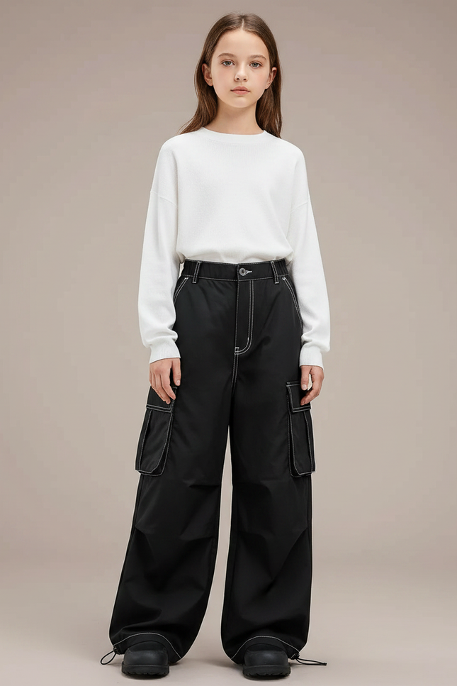 Pantalon Parachute Noir Ample Surpiqûres Blanches Cargo - Polyester