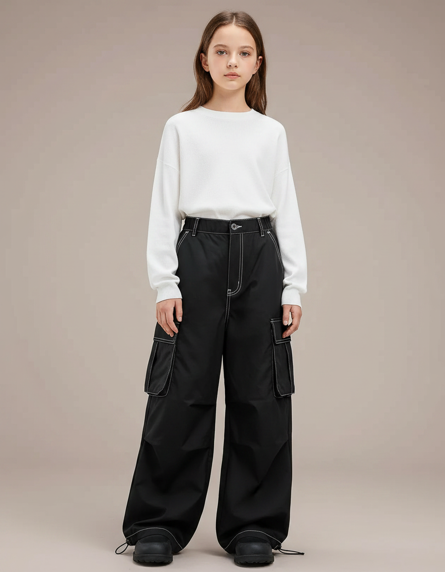 Pantalon Parachute Noir Ample Surpiqûres Blanches Cargo - Polyester
