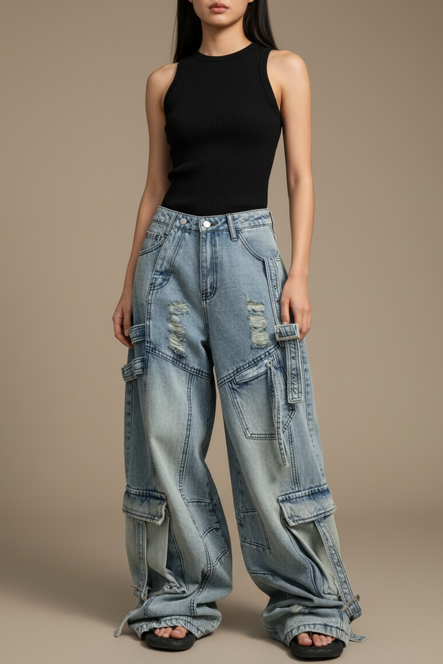 Pantalon Parachute Jean Ample Délavé Multipoches Cargo - Bleu