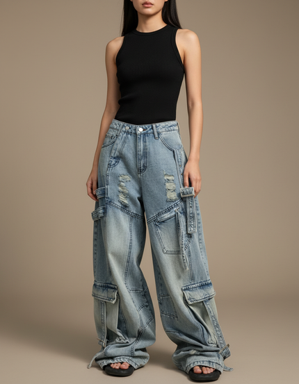 Pantalon Parachute Jean Ample Délavé Multipoches Cargo - Bleu