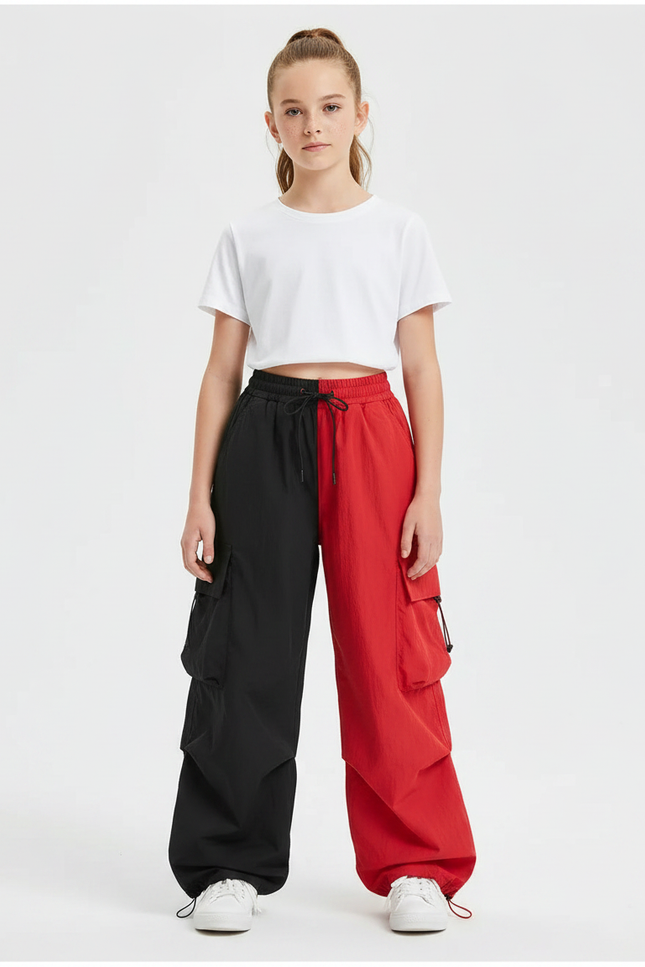 Pantalon Parachute Noir Rouge Cargo Ample Fille - Multicolore Polyester