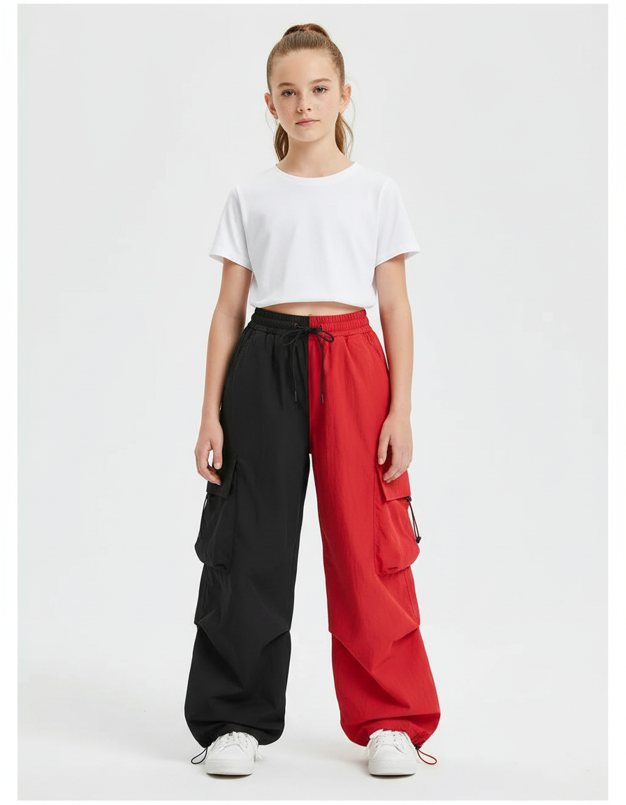 Pantalon Parachute Noir Rouge Cargo Ample Fille - Multicolore Polyester