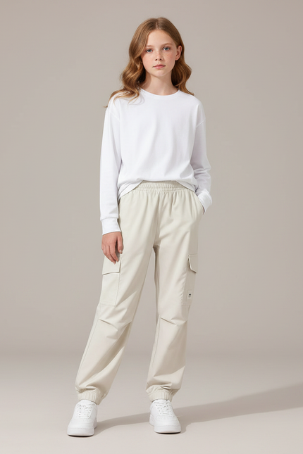 Pantalon Parachute Beige Ample Cargo Fille Décontracté Léger - Polyester