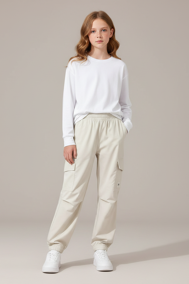 Pantalon Parachute Beige Ample Cargo Fille Décontracté Léger - Polyester