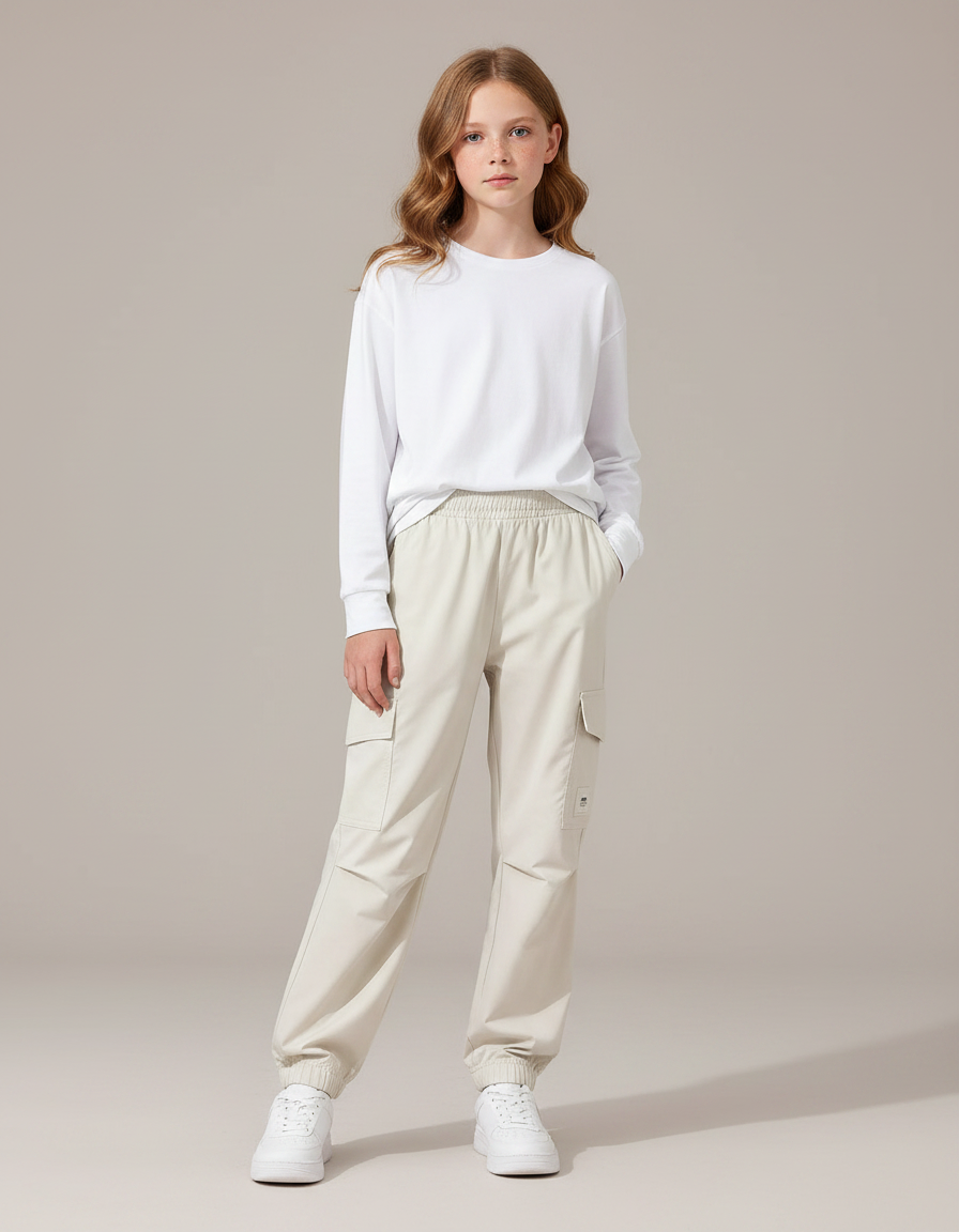 Pantalon Parachute Beige Ample Cargo Fille Décontracté Léger - Polyester