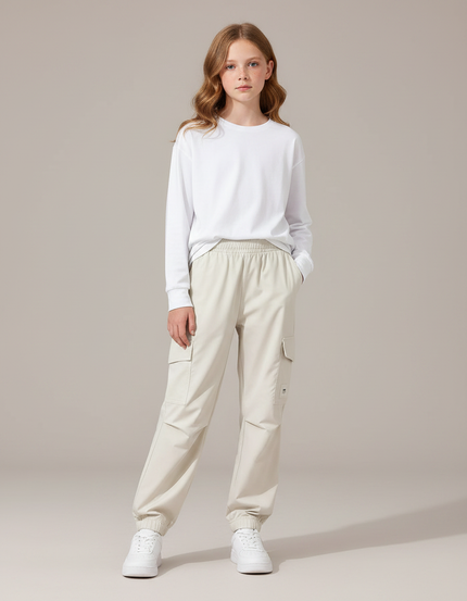 Pantalon Parachute Beige Ample Cargo Fille Décontracté Léger - Polyester