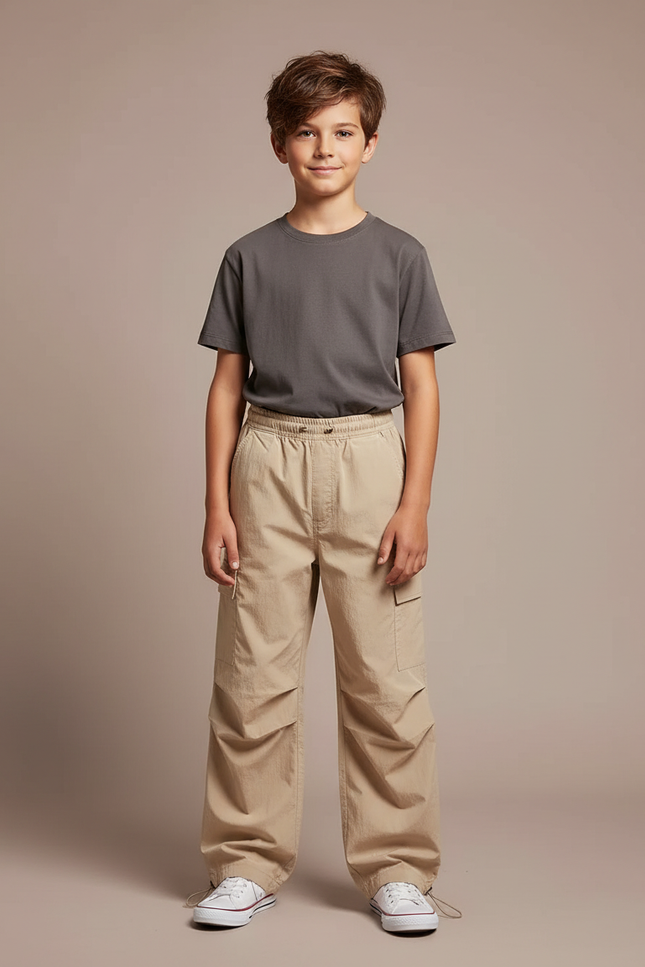 Pantalon Parachute Beige Ample Cargo Enfant Coton