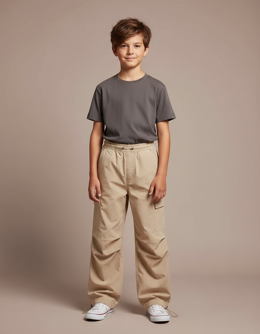 Pantalon Parachute Beige Ample Cargo Enfant Coton