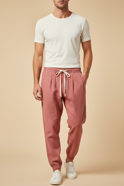 Pantalon Parachute Rose Chiné Ample Cordon Homme - Lin