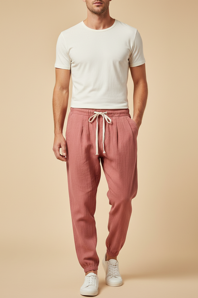 Pantalon Parachute Rose Chiné Ample Cordon Homme - Lin