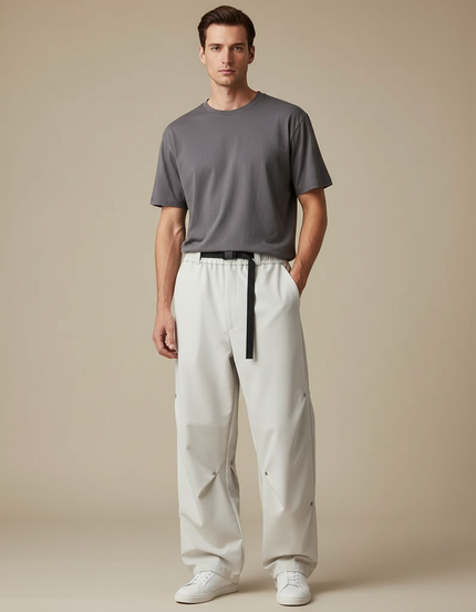 Pantalon Parachute Beige Ample Ceinture Décontracté Homme - Polyester