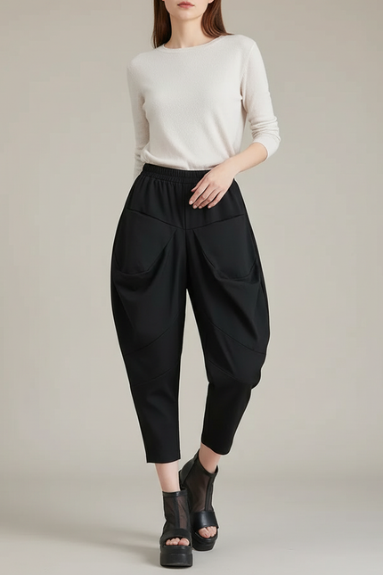 Pantalon Parachute Noir Ample Décontracté Femme Fluide - Polyester