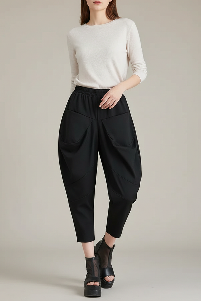 Pantalon Parachute Noir Ample Décontracté Femme Fluide - Polyester