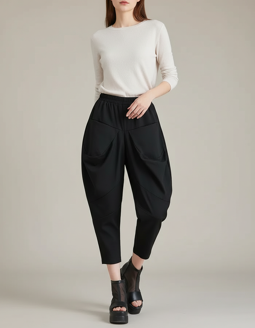 Pantalon Parachute Noir Ample Décontracté Femme Fluide - Polyester