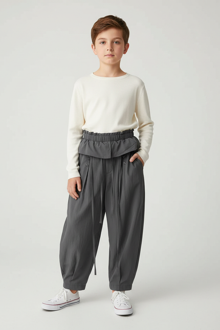 Pantalon Parachute Gris Ample Coton Taille Haute Enfant