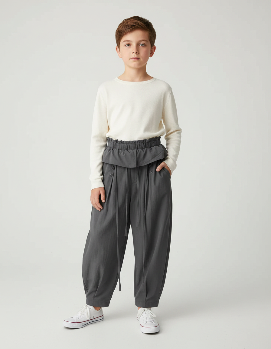 Pantalon Parachute Gris Ample Coton Taille Haute Enfant