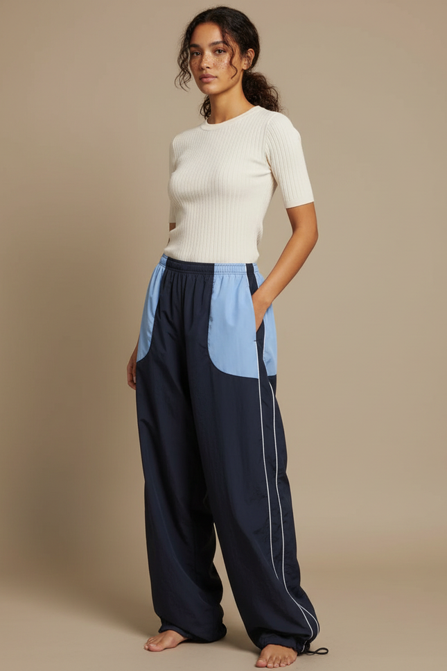 Pantalon Parachute Large Bicolore Marine Bleu Décontracté - Polyester