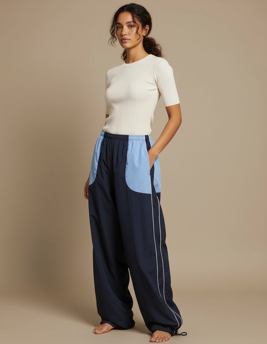 Pantalon Parachute Large Bicolore Marine Bleu Décontracté - Polyester