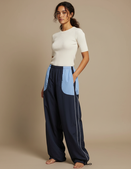 Pantalon Parachute Large Bicolore Marine Bleu Décontracté - Polyester