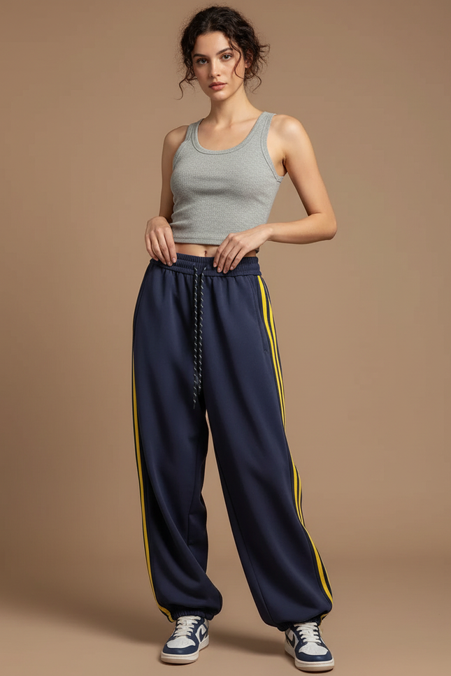 Pantalon Parachute Bleu Marine Rayures Jaunes Ample Sportif - Molleton