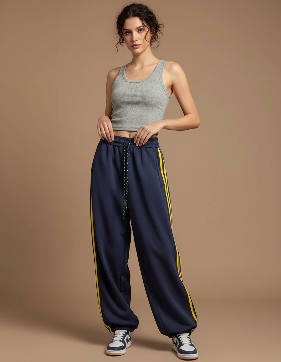 Pantalon Parachute Bleu Marine Rayures Jaunes Ample Sportif - Molleton
