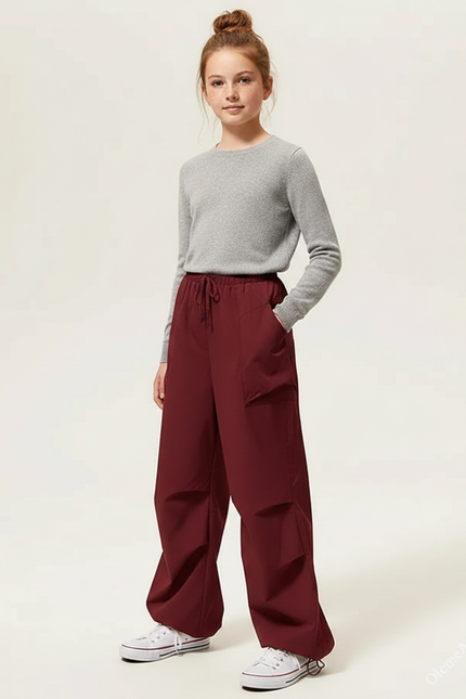 Pantalon Parachute Bordeaux Cargo Ample Décontracté Fille - Polyester