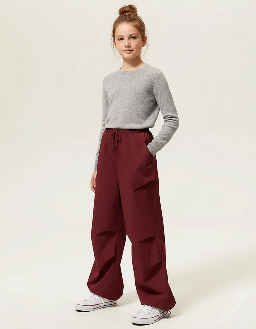 Pantalon Parachute Bordeaux Cargo Ample Décontracté Fille - Polyester