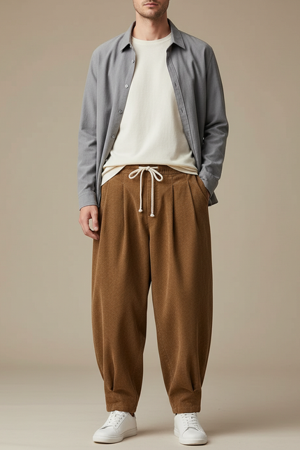 Pantalon Parachute Marron Côtelé Ample Homme Décontracté - Cordé