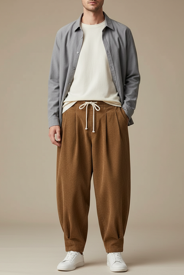 Pantalon Parachute Marron Côtelé Ample Homme Décontracté - Cordé